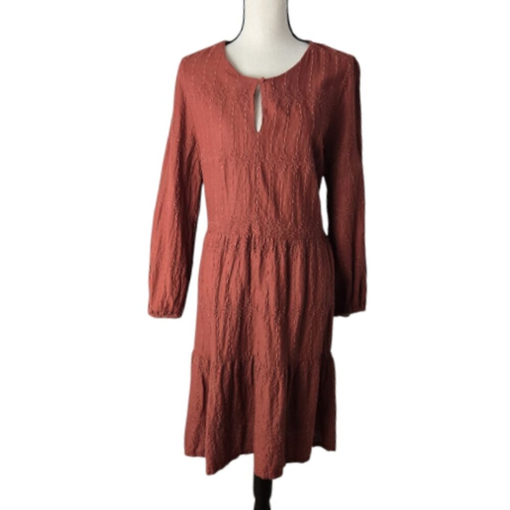 Old Navy Copper Embroidered Tiered-Hem Long Sleeve Swing Dress L - Picture 3 of 9